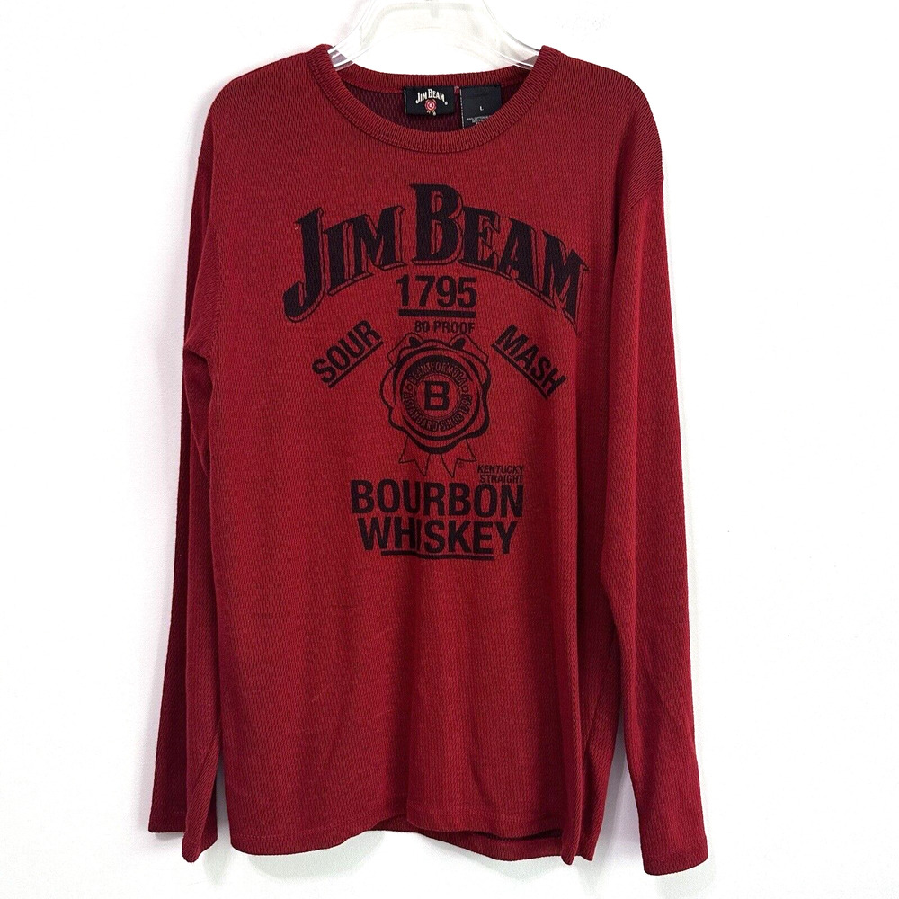 Jim Beam Thermal Knit Long Sleeve Shirt L Mens Brick Red Whiskey Bartender Party